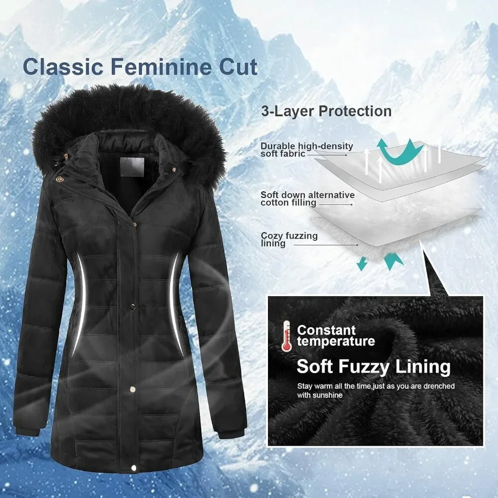Women's Black Winter Warm Coat Velvet Quilted Faux Fur Hood Puffer Jacket